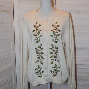 Vintage Lizsport Christmas button front crew-neck cardigan sweater Size Large